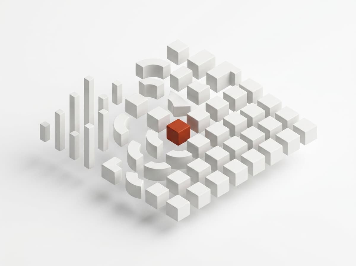 Scattered white blocks — a sound waveform — settling into an ordered grid, with one vermilion cube at the point of capture